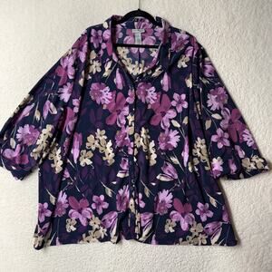 Vintage Catherines Blouse Size 5X Button Up 3/4 Sleeve Purple Floral Top Career